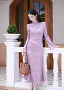 Modern Vintage-Inspired Purple Jacquard Satin Qipao | Mandarin Collar Long Sleeves