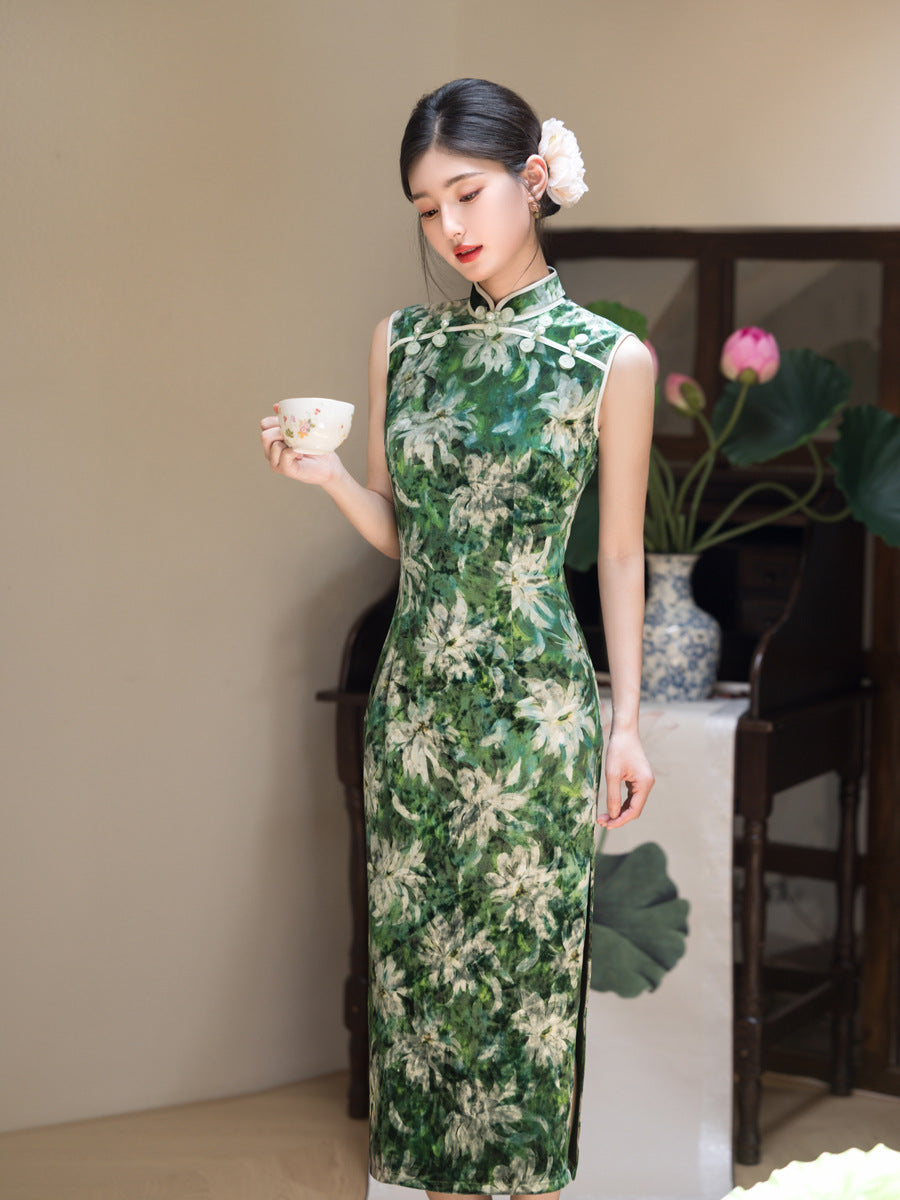 Vintage Green Sleeveless Qipao Long Dress