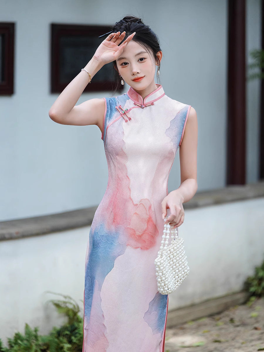 Watercolor Ombre Sleeveless Qipao Maxi | Pink–Blue Mandarin Collar