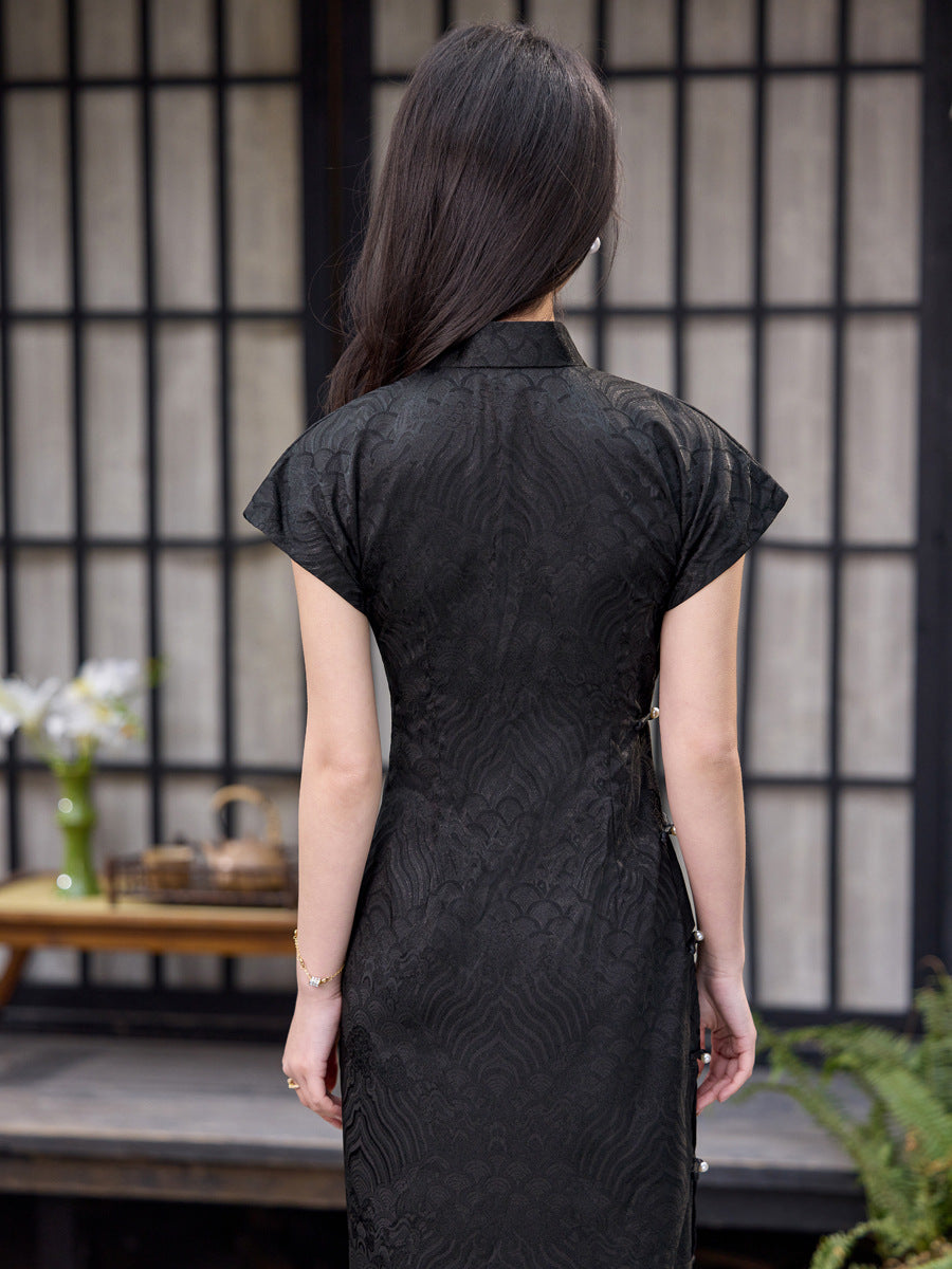 Black Tonal Jacquard Short Sleeve Qipao Dress | Mandarin Collar Slim Maxi Cheongsam