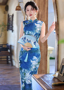Sleeveless Long Slim Qipao Dress | Summer Ink-Style Floral