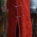 Red Jacquard Qipao Dress | Mandarin Collar, Asymmetric Frog Buttons | Slim Silhouette with Side Slit