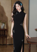 New Chinese Style Black Sleeveless Butterfly Embroidered Qipao Dress | Mandarin Collar Slim Fit High Slit Maxi Gown