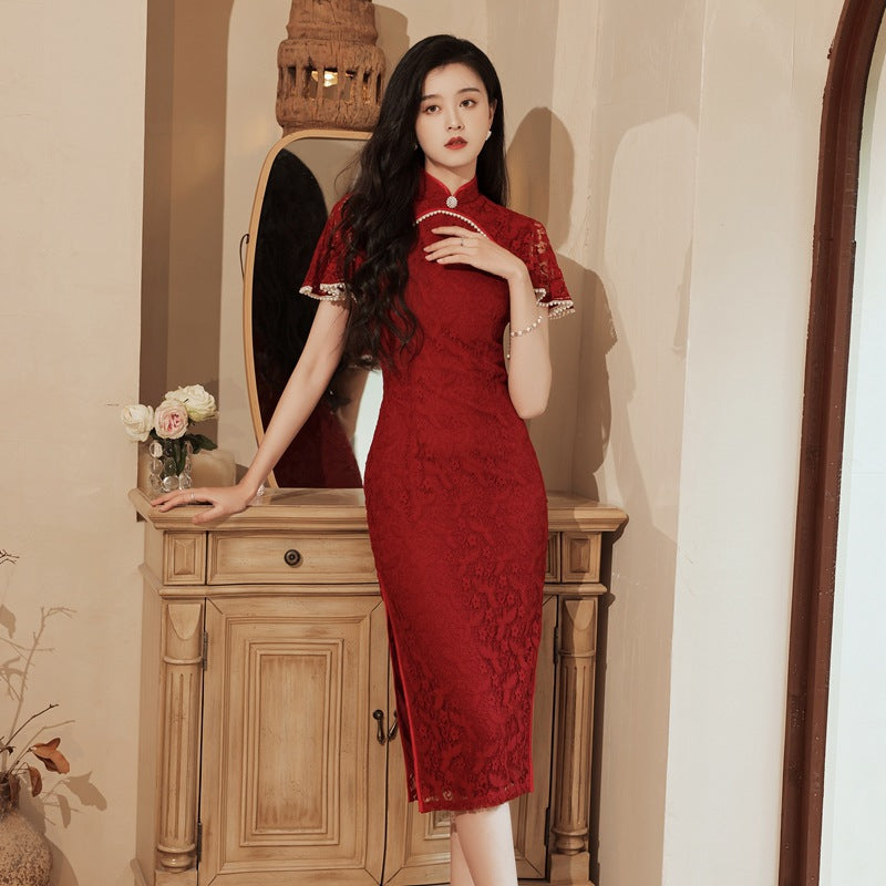 Elegant Red Lace Wedding Cheongsam Dress