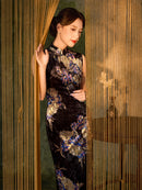Black Vintage Floral Print Qipao Dress | Sleeveless Mandarin Collar Slim Midi Cheongsam