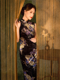 Black Vintage Floral Print Qipao Dress | Sleeveless Mandarin Collar Slim Midi Cheongsam