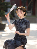 天鹅绒黑色碎花旗袍连衣裙优雅晚装风格