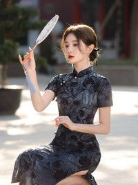 天鹅绒黑色碎花旗袍连衣裙优雅晚装风格