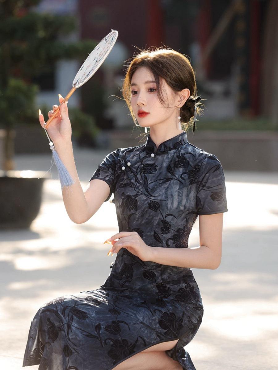 天鹅绒黑色碎花旗袍连衣裙优雅晚装风格