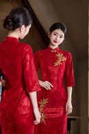 Crimson Bamboo-Embroidered Modern Qipao Midi | Mandarin Collar with Beaded Button