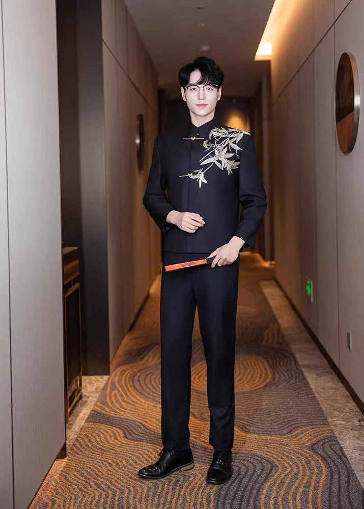 Men’s Black Bamboo Embroidery Zhongshan Suit