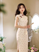Polka-Dot Modern Qipao | Ivory with Burgundy Dots