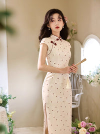 Polka-Dot Modern Qipao | Ivory with Burgundy Dots