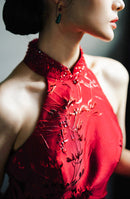Modern Bridal Qipao Halter Long Gown | Sleeveless Shoulder-Baring