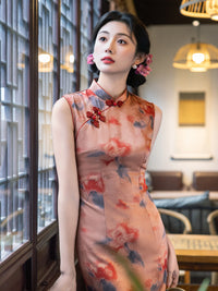 Dusty Rose Mist Floral Sleeveless Qipao Dress | Mandarin Collar Slim Midi Cheongsam