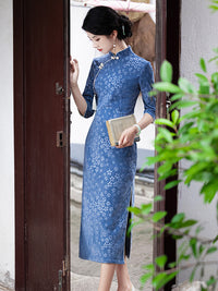 Blue Autumn-Winter Vintage Long-Sleeved Cheongsam Dress