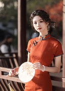 Vintage Brick-Red Slim Cheongsam | Mandarin Collar Diagonal Placket Frog Buttons