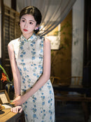 Floral Sleeveless Qipao Dress | Mandarin Collar Slim Midi Cheongsam