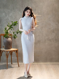 Light Blue Floral Sleeveless Qipao Dress | Slim Mandarin Midi