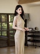 Cream Open-Knit Qipao Dress | Sleeveless Slim Midi