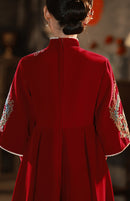 Red Embroidered Maternity Chinese Style Gown | Mandarin Collar 3/4 Sleeves