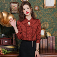 Elegant Floral Silk Blouse with Tie Neck Design