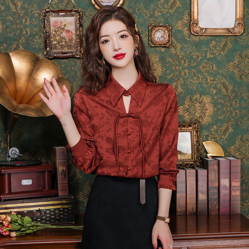 Elegant Floral Silk Blouse with Tie Neck Design