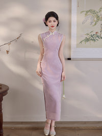 Lilac Jacquard Sleeveless Qipao Maxi Dress | Mandarin Collar Piped Slim Cheongsam
