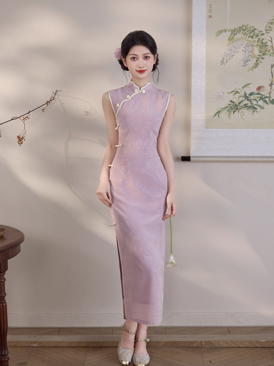 Lilac Jacquard Sleeveless Qipao Maxi Dress | Mandarin Collar Piped Slim Cheongsam
