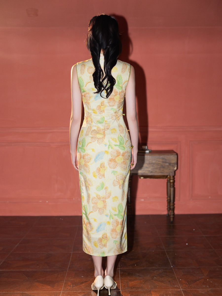 Yellow Vintage Floral Sleeveless Qipao Dress | Mandarin Collar Slim Midi Cheongsam