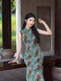 Green Rose Floral Print Sleeveless Mesh Qipao Dress|Slim Mandarin Midi Cheongsam
