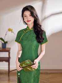 Emerald Green Tonal Jacquard Short Sleeve Qipao Maxi Dress |  Piping Slim Cheongsam