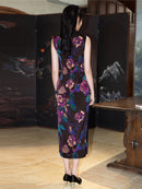 Black Base Purple-Blue Sleeveless Qipao Dress | Mandarin Collar Slim Midi Cheongsam