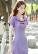 Purple Sailor Bow Midi Qipao Dress | Slim Side-Slit, Retro Sweet