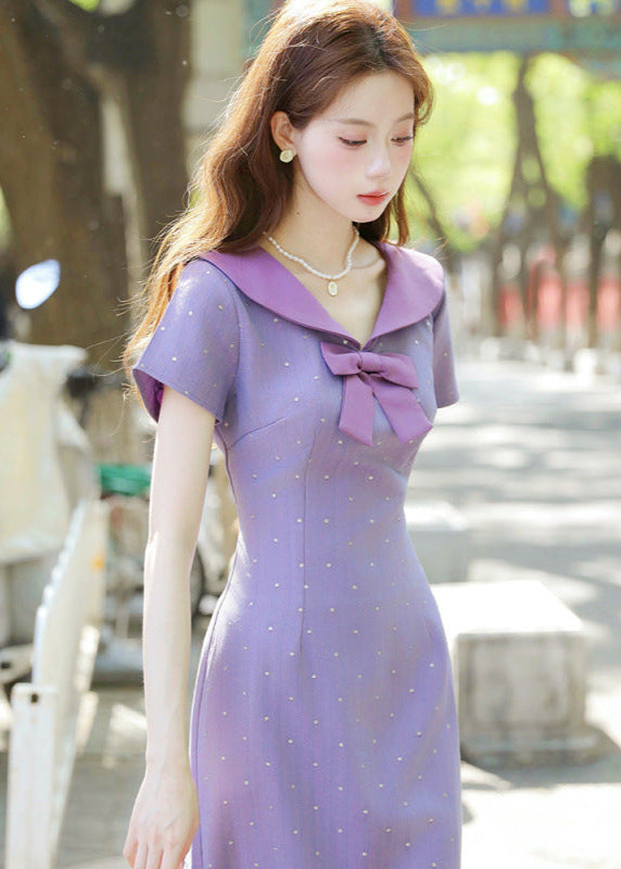 Purple Sailor Bow Midi Qipao Dress | Slim Side-Slit, Retro Sweet