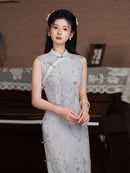 Dusty Grey Lilac Floral Jacquard Sleeveless Qipao Dress | Slim Mandarin Collar Cheongsam Midi for Tea Party