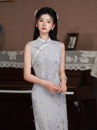 Dusty Grey Lilac Floral Jacquard Sleeveless Qipao Dress | Slim Mandarin Collar Cheongsam Midi for Tea Party