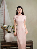 Blush Pink Jacquard Short-Sleeve Long Qipao Dress | New Chinese Mandarin Collar Frog Buttons Slim Side Slit Wedding Banquet Gown