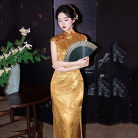 New Chinese Gold Jacquard Qipao Dress | Cap Sleeve Mandarin Collar Frog Button High Slit Maxi Gown