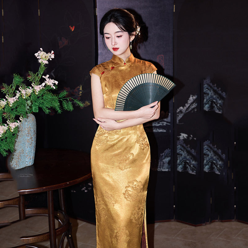 New Chinese Gold Jacquard Qipao Dress | Cap Sleeve Mandarin Collar Frog Button High Slit Maxi Gown
