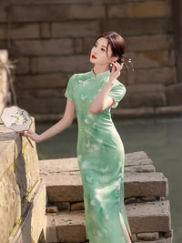 Ink-Wash Crane Print Qipao Dress | Slim Mandarin Collar & Side Slit | Mist Blue & Jade Green