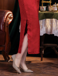 Classic Red Floral Qipao Dress for Women | Mandarin Collar Frog Button Slim Fit Cheongsam with Side Slit for Banquet