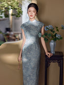 Blue Vintage-Wash Short Sleeve Qipao Maxi Dress | Mandarin Collar Slim Slit Cheongsam