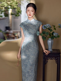 Blue Vintage-Wash Short Sleeve Qipao Maxi Dress | Mandarin Collar Slim Slit Cheongsam