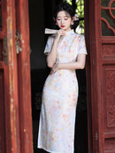 Light Pink Floral Print Qipao Dress | Short Sleeve Midi Look