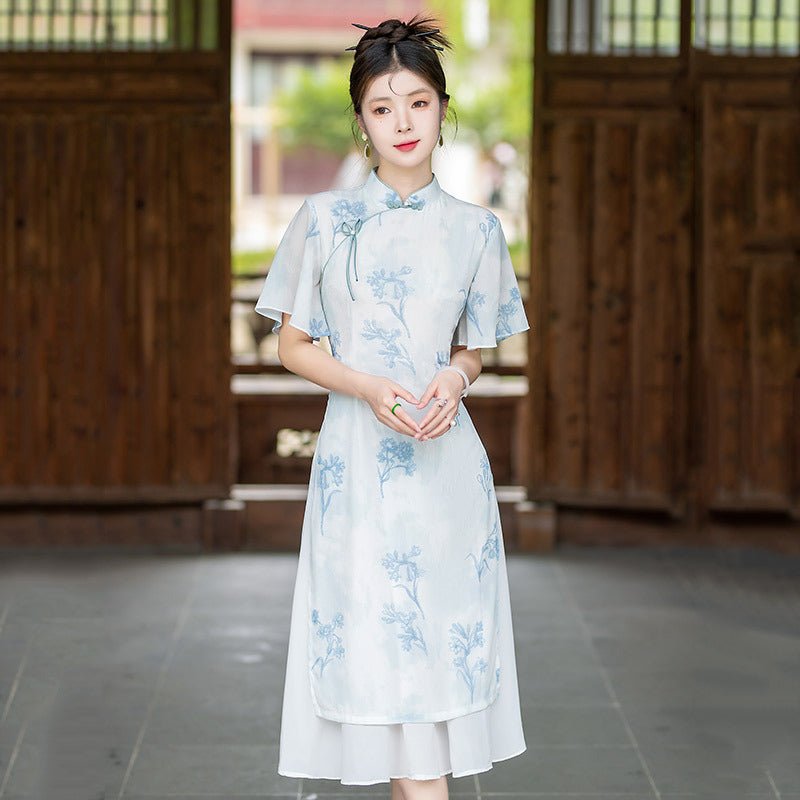 Blue Floral Collar Daily Qipao Dress | Elegant Flowing Dress For Summer