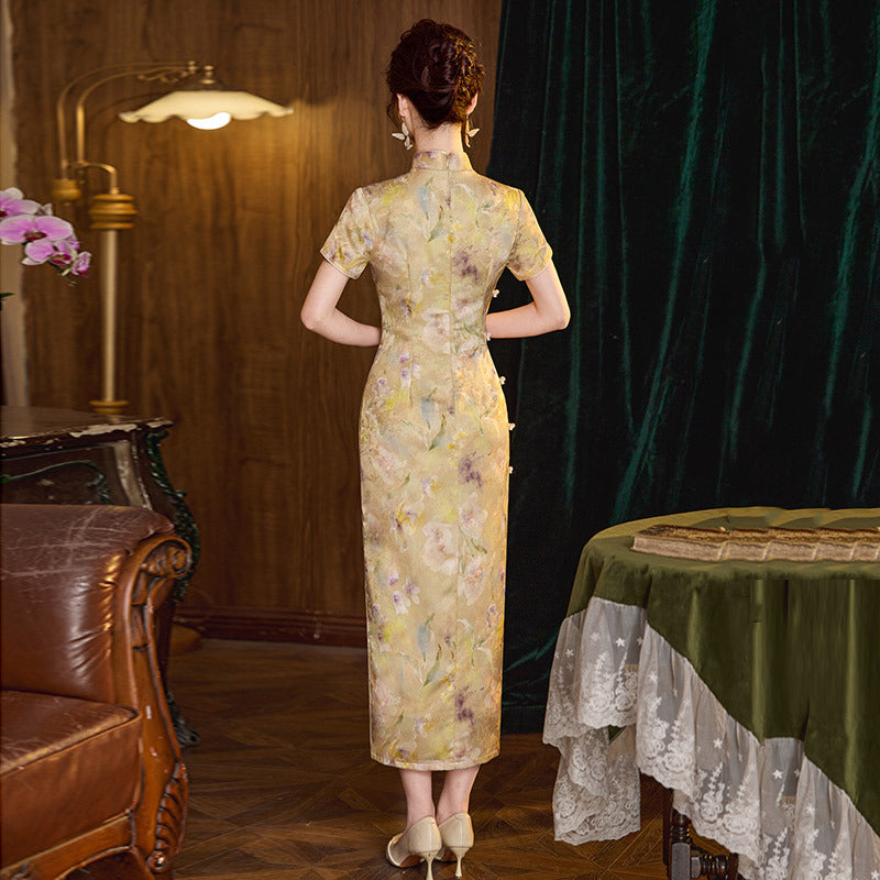 Vintage Yellow Floral Mandarin Collar Qipao | Elegant Chinese Cheongsam Dress