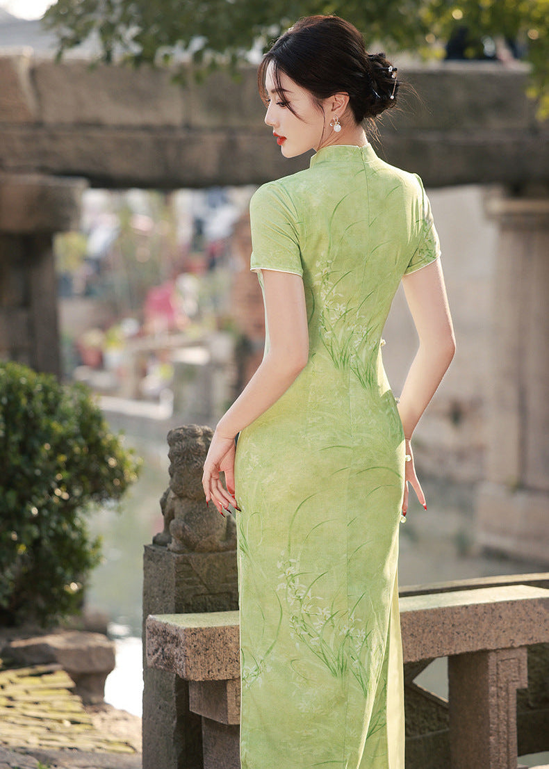 Modern Chinese Light Green Jacquard Qipao Dress | Mandarin Collar Frog Buttons Slim Side Slit Maxi