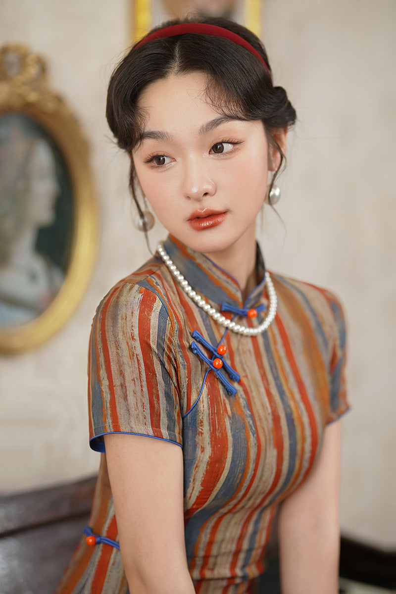 Modern Chinese Retro Striped Qipao Dress | Mandarin Collar Frog Buttons Slim Midi Side Slit