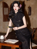 Black Gold Lace Embroidered Vintage Qipao Dress | High Waist Slim Fit Design